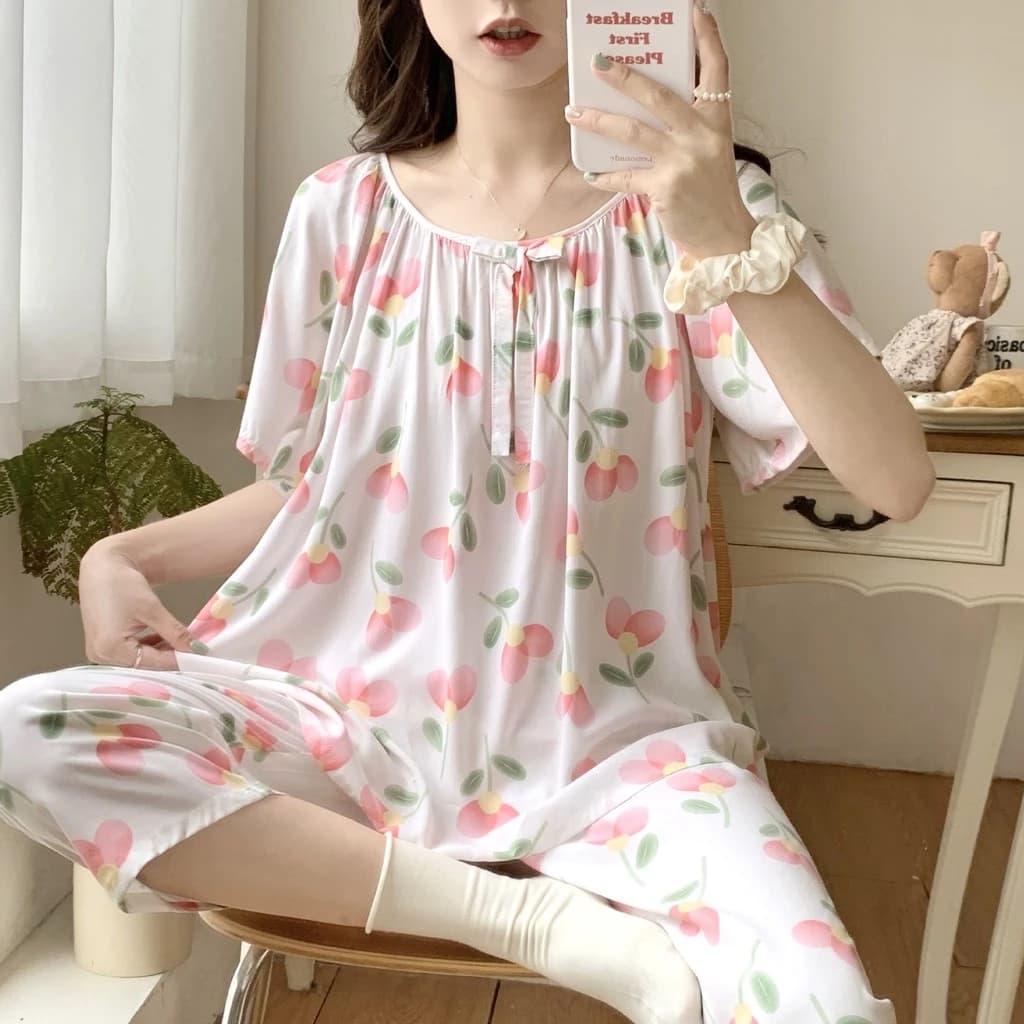 Bộ Đồ Ngủ Nữ Cotton Lụa Mùa Hè Ánh Sáng Thoải Mái Tốt Có Thể Thở Ngắn Tay Crop Quần Bộ Đồ Ngủ Bộ 2 Món Có Thể Mặc Bên Ngoài Đồ Gia Đình Dễ Thương