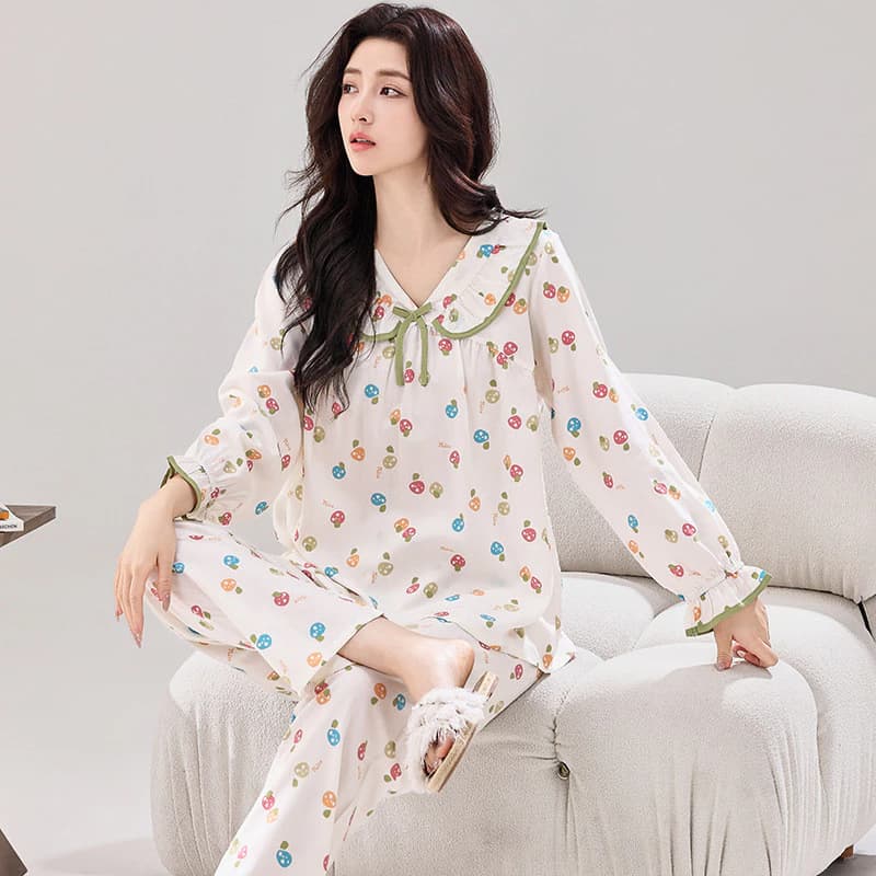 Bộ Đồ Ngủ Nữ Cotton Lụa Mùa Hè Ánh Sáng Thoải Mái Có Thể Thở Tốt Quần Dài Tay Bộ Đồ Ngủ Bộ 2 Món Có Thể We