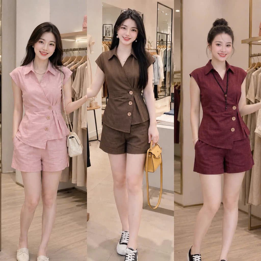 Set Bộ Nữ Thiết Kế Cổ Sơ Mi Cách Điệu Phối Cài Chéo 3 Nút Áo Mới Thời Trang Thanh Lịch Dễ MặC  THOITRANGNAM1986