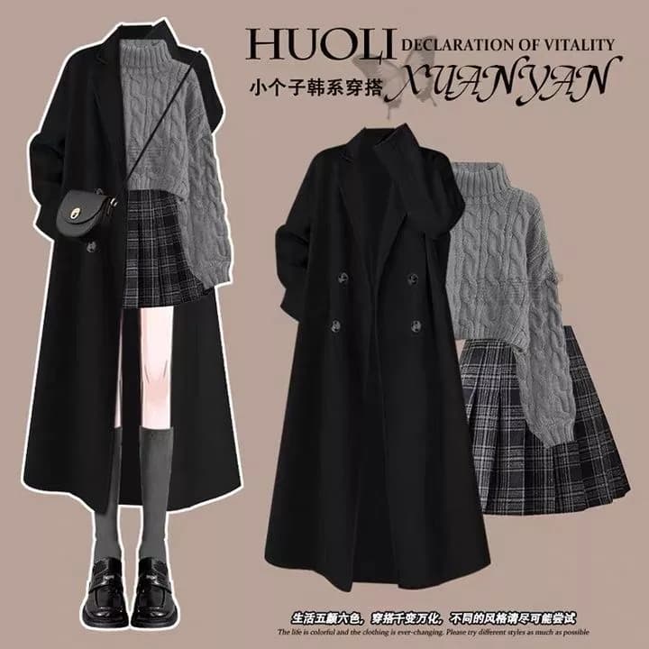 Áo khoác dạ cao cấp 2025 phong cách Hàn Quốc cho người nhỏ con, áo khoác kiểu Audrey Hepburn, bộ ba Bộ sản phẩm gồm áo