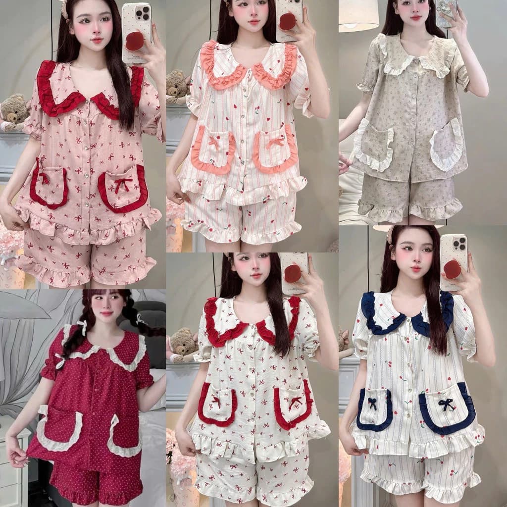 Bộ Đồ Ngủ Nữ Pijama Chất Liệu Đũi Vân Mây Cổ Sen Viền Bèo Siêu Mềm Mịn Thoải Mái WQA32