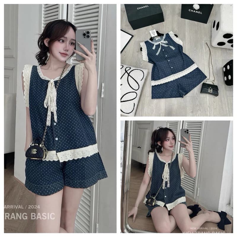 Set bò chấm bi phối ren siêu xinh Vải bò chấm bi QC cao cấp chuẩn y mẫu, phối viền ren hoạ tiết y ảnh