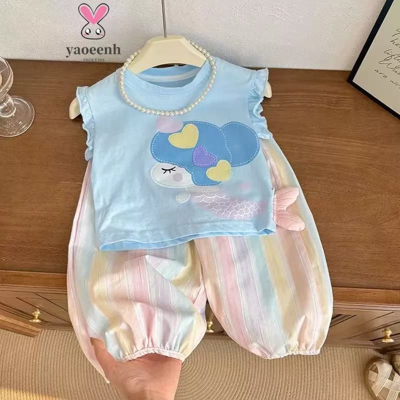 【YAOEENH】90-160CM Bé Gái Nàng Tiên Cá Tay Bay Cầu Vồng Sọc Thường Bộ Hai Mảnh Nhỏ Vừa Trẻ Em Mỏng In Hình Hoạt Hình Áo Vest Dài Đến Mắt Cá Chân Bộ Hàng Sẵn Có Vận Chuyển Nhanh
