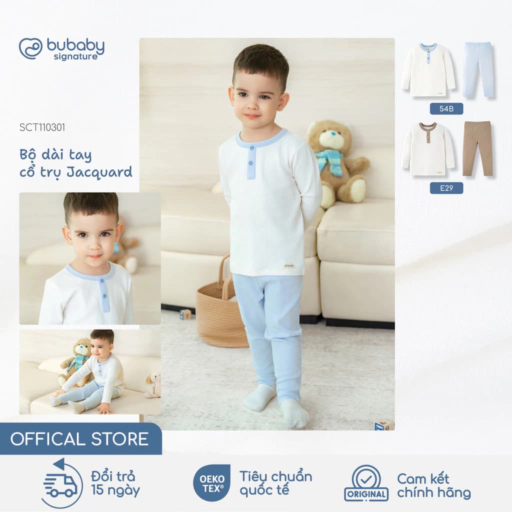 Bộ quần áo dài tay cổ trụ Jacquard BU Baby, bộ thu đông bé trai bé gái, bộ trẻ em ấm áp | SCT110301
