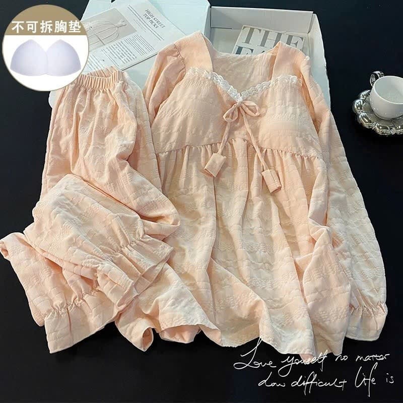 Bộ ngủ nữ babydoll có mút chất đũi cotton mặc nhà tiểu thư cách điệu dễ thương phong cách thu đông 081
