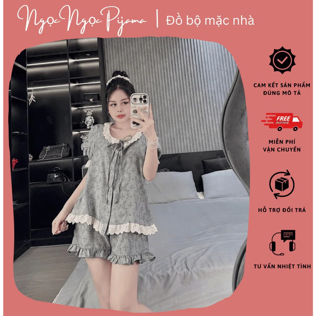 Set Bộ Đồ Nữ Phối Bèo, Bộ Ngủ Mặc Nhà Mix Ren Tay Cộc Quần Đùi - CC69