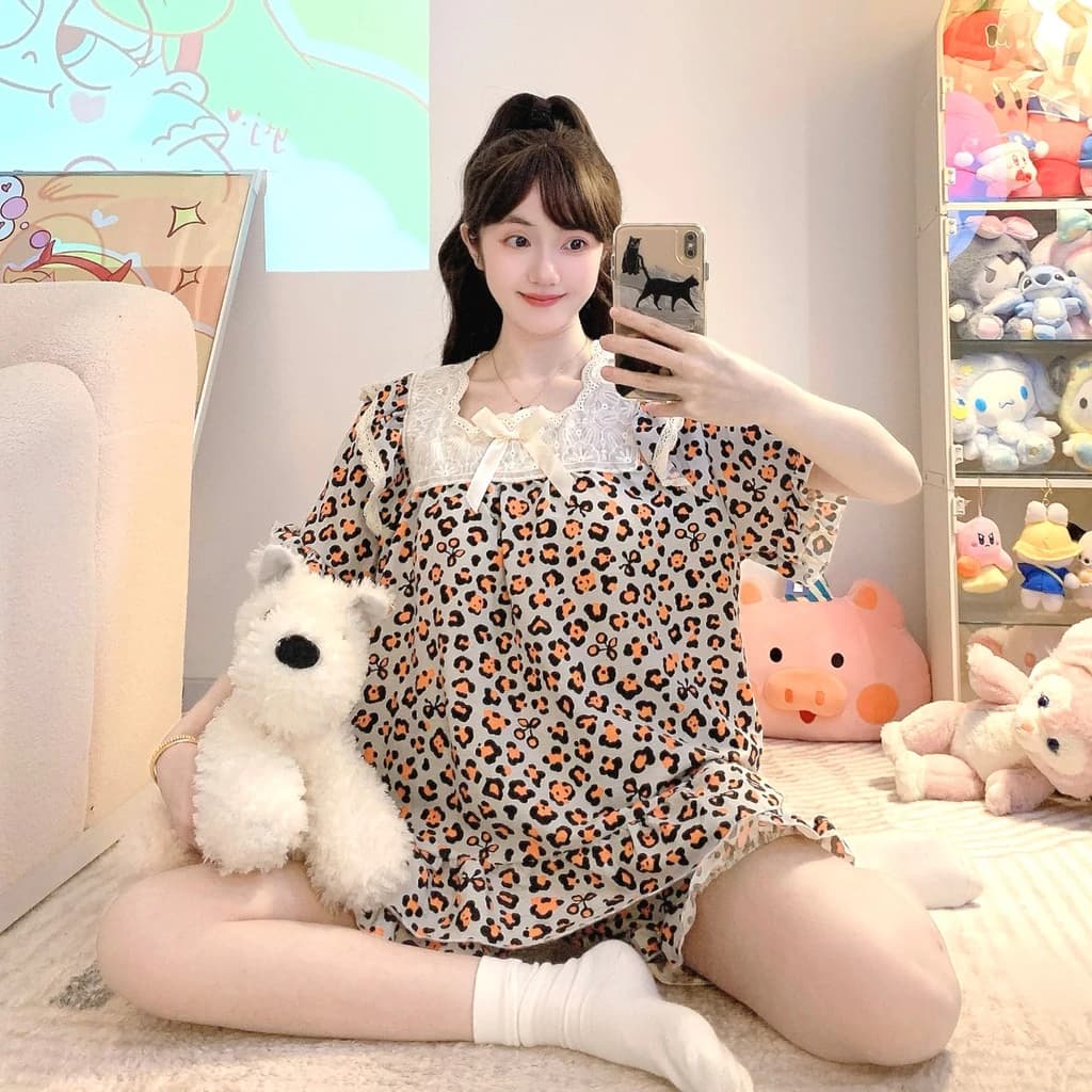 M-5XL Plus size Bộ Đồ Ngủ Nữ Đệm Bộ Đồ Ngủ Mùa Hè Tay Ngắn Đồ Ngủ Người Phụ Nữ Rời Da Báo Dễ Thương Mặc Nhà Mỏng