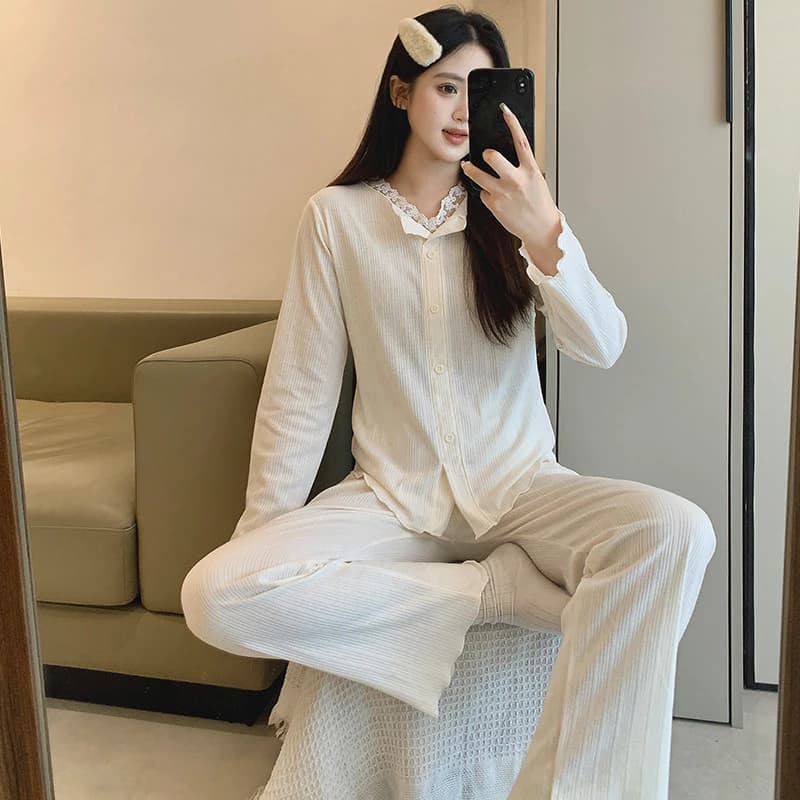 Bộ Đồ Ngủ Nữ Cotton Bộ Đồ Ngủ Mùa Xuân Thu Dài Tay Đồ Ngủ Người Phụ Nữ Mặc Ở Nhà Dễ Thương Mặc Ban Đêm