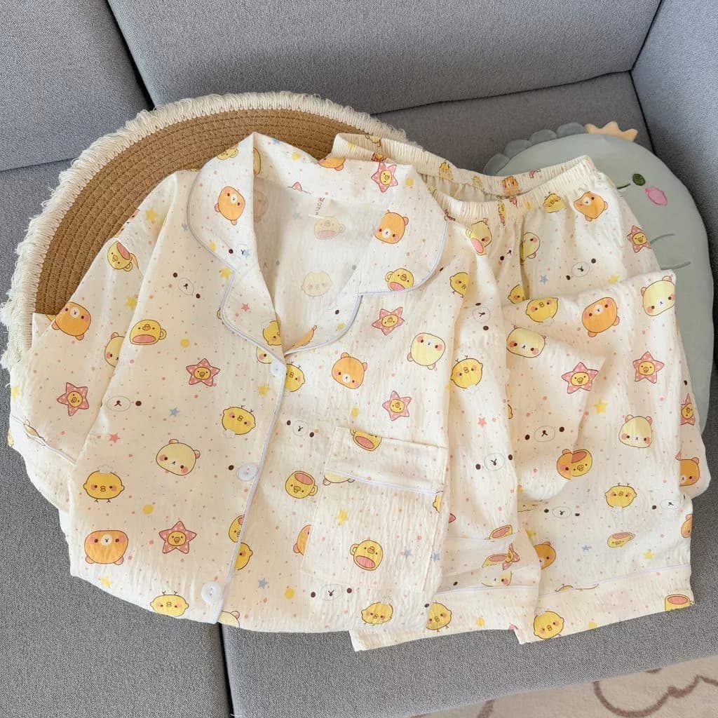 Bộ đồ ngủ nữ 3 món Pijama cotton Mềm mại thoải mái thoáng khí Thêu hoạ tiết dễ thương đồ mặc nhà 356