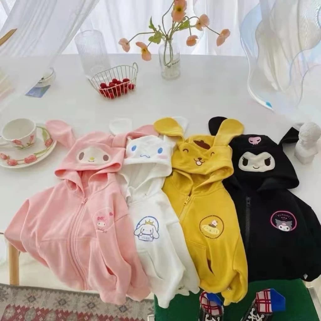 Áo Khoác Bé Gái Tai Thỏ Dễ Thương Có Mũ Kéo Khóa Họa Tiết Hoạt Hình ✨Luyoo24.vn✨