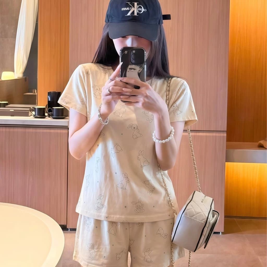 [40-80kg] Quần Short ngắn tay in hình thỏ hoạt hình ngọt ngào Bộ đồ ngủ nữ mùa hè thường ngày có thể mặc bên ngoài Bộ đồ mặc nhà dành cho nữ