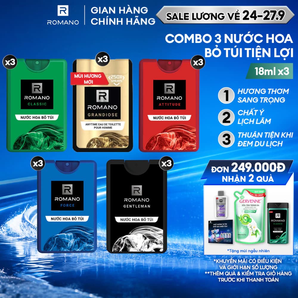 Combo 3 Nước hoa nam bỏ túi Romano 18ml /chai