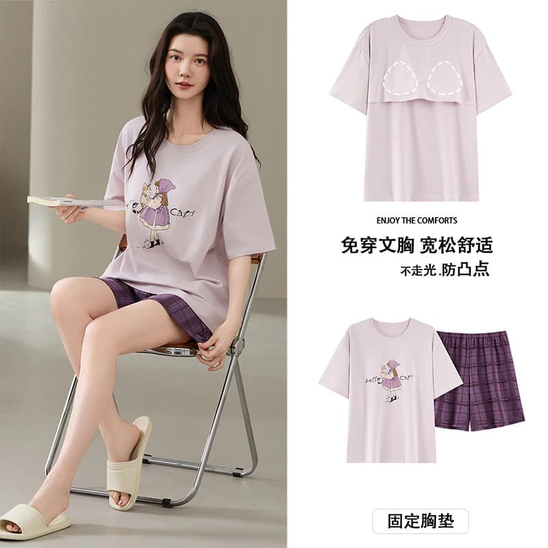 Có Miếng Lót Ngực Bộ Đồ Ngủ Nữ Cotton Bộ Đồ Ngủ Mùa Hè Thoải Mái Có Thể Thở Tốt Quần Short Tay Ngắn Bộ 2 Món Có Thể Mặc Bên Ngoài Đồ Ngủ Hoạt Hình Dễ Thương