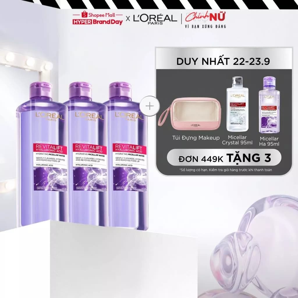 Bộ 3 Nước tẩy trang đa năng 3-in-1 giúp làm sạch da L'Oreal Paris Micellar 400ml
