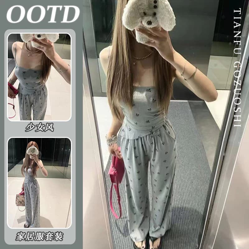Nữ Tay Ngắn Quần Dài Hoạt Hình Đồ Ngủ Vải Cotton Lụa Mát Có Miếng Lót Ngực