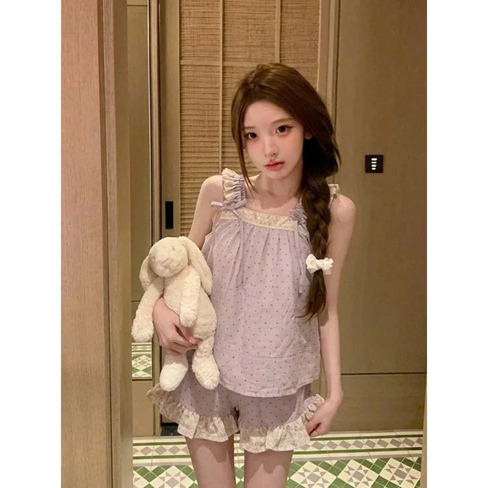Bộ đồ ngủ nữ hai dây cotton thoáng mát mùa hè chấm bi bánh bèo tiểu thư viền ren bèo mặc nhà pijama 115