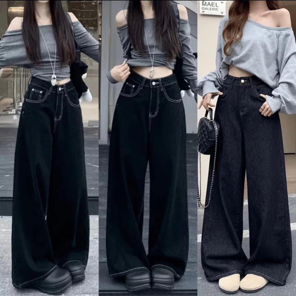 Quần jean suông ống rộng, quần jean suông viền chỉ nổi lưng cao cá tính WJeans087