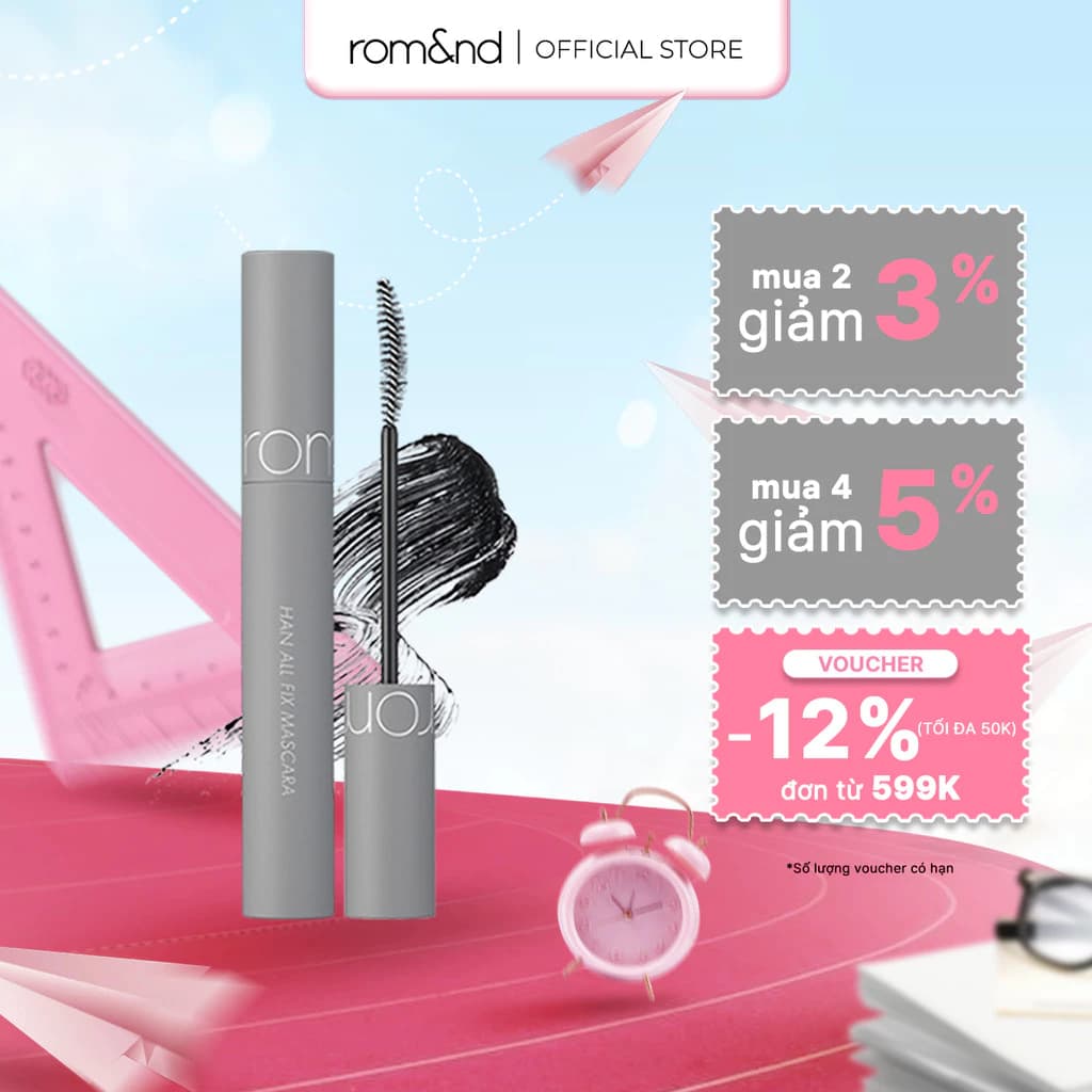 [Rom&nd] Mascara chuốt mi siêu dài và cong mi tự nhiên, chống trôi Hàn Quốc Romand Han All Fix Mascara - Han All Line 7g