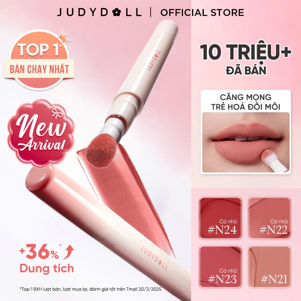 [MỚI] Son Đầu Bông JUDYDOLL Matte Lip Cream Son kem Mịn lì Mờ vân môi Chuẩn màu Lâu trôi 2,6ml
