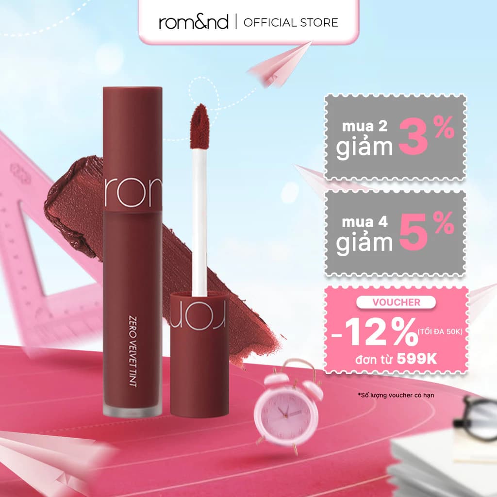 [Rom&nd] [Màu 18-21] Son kem lì, lên màu siêu chuẩn, mềm mại như nhung Hàn Quốc Romand Zero Velvet Tint 5.5g