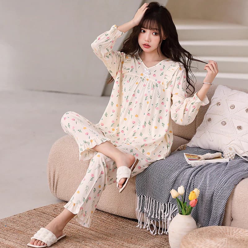Bộ Đồ Ngủ Nữ Cotton Lụa Mùa Hè Ánh Sáng Thoải Mái Có Thể Thở Tốt Quần Dài Tay Bộ Đồ Ngủ Bộ 2 Món Có Thể We