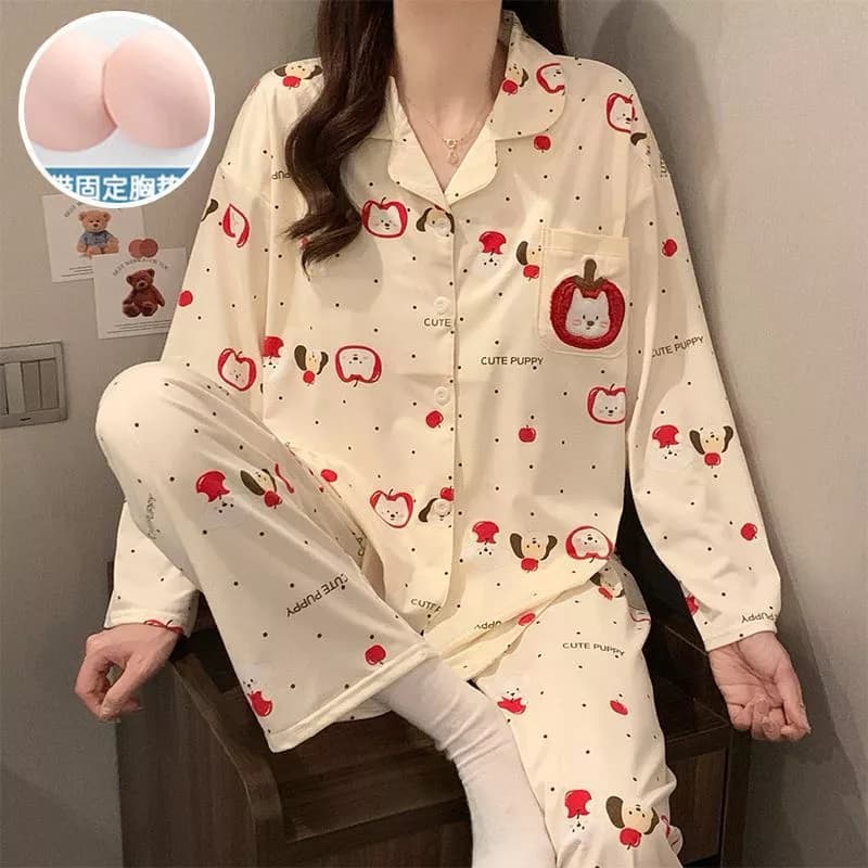 Bộ Đồ Ngủ Có Miếng Lót Ngực Nữ Xuân Thu Phong Cách Hàn Quốc Phong Cách Ngọt Ngào Giả Cotton Quần Dài Tay Rời Loungewear Phù Hợp Với