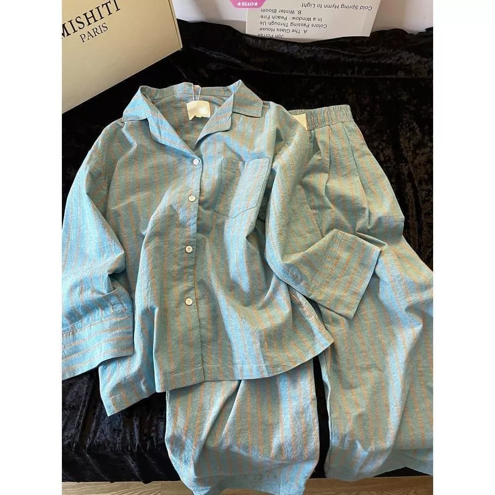Order - Bộ Pijama Dài Tay Kẻ Sọc Mềm Mịn, Thích Hợp Mặc Mùa Xuân Thu Phong Cách Hàn Quốc Ngọt Ngào