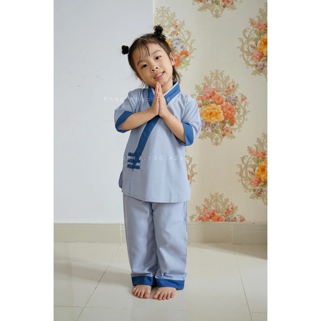 Bộ đồ Lam Đi Chùa cho bé kiểu xéo nhật 3 nút lam và hồng dễ thương