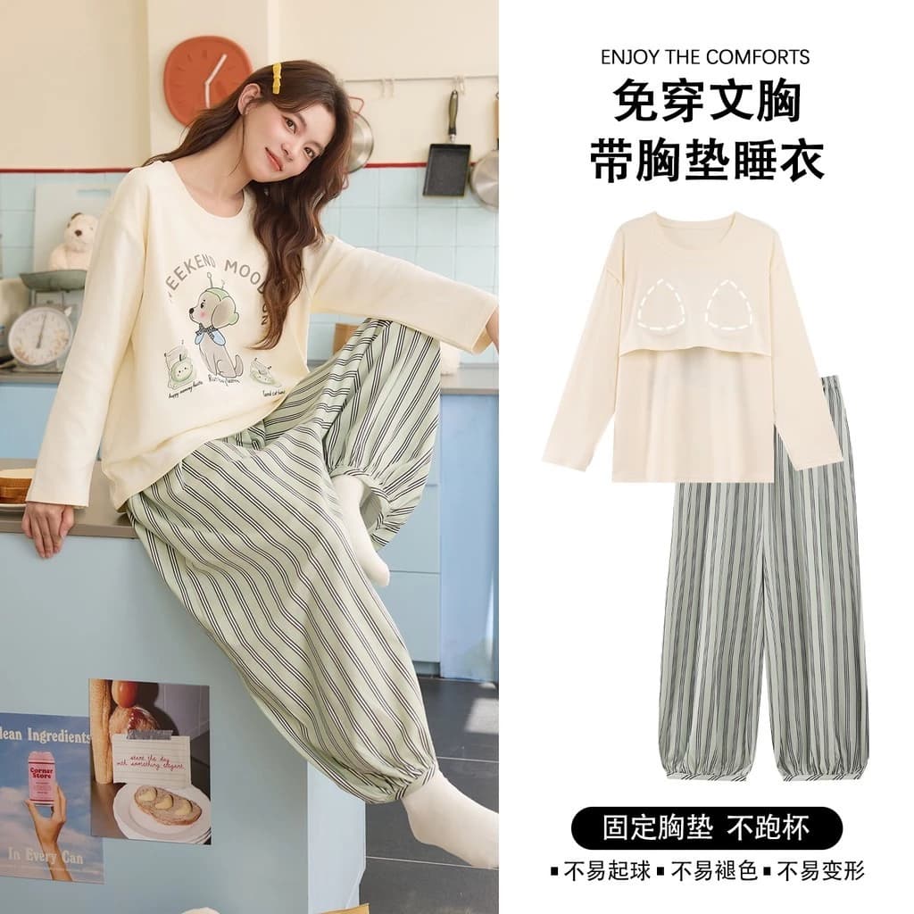 Bộ Đồ Ngủ Đệm Nữ 100% Cotton Nguyên Chất Bộ Đồ Ngủ Mùa Thu Đông Tay Dài Đồ Ngủ Người Phụ Nữ Hoạt Hình Dễ Thương Mặc Nhà