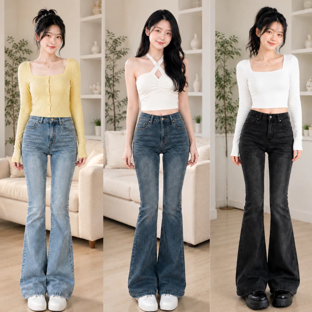 Quần Jean Ống loe nữ MIAA Cạp cao vải rin bò màu bụi xanh nhạt phủ dơ bigsize co giãn 4 chiều