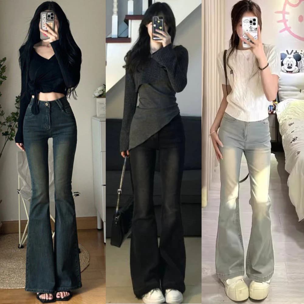 Quần Jeans Nữ Ống Loe MIAA Lưng Cao Màu RETRO Chất Dày Dặn Co Giãn Tốt ,Quần Bò Loe Cạp Cao Cực Tôn Dáng Ôm Eo WJeans055