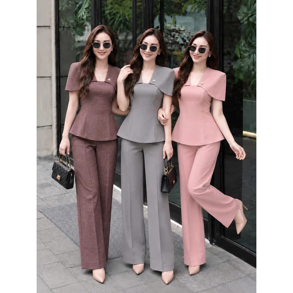 (MAY KỸ - 2 LỚP )SET ÁO PEPLUM TAY CÁNH DƠI Kèm Quần Tây Dáng Dài  Suông Vải Xược Hàn Thanh Lịch  THOITRANGNAM1986