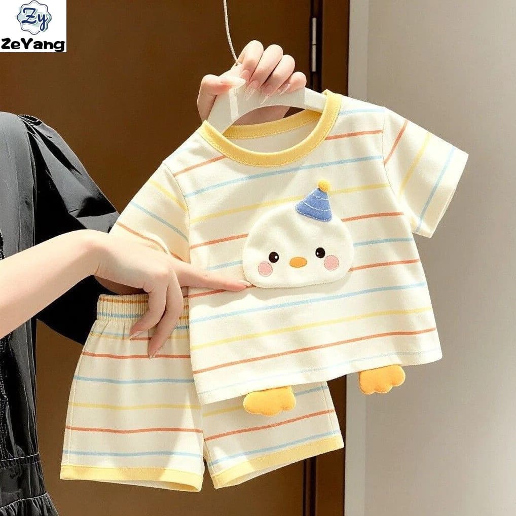 [ZY] 70-130 Hàng có sẵn Bộ đồ áo thun ngắn tay Cotton nguyên chất dành cho trẻ em Bộ đồ thường ngày Vịt dễ thương ba chiều Bộ đồ thường ngày sọc ngắn @