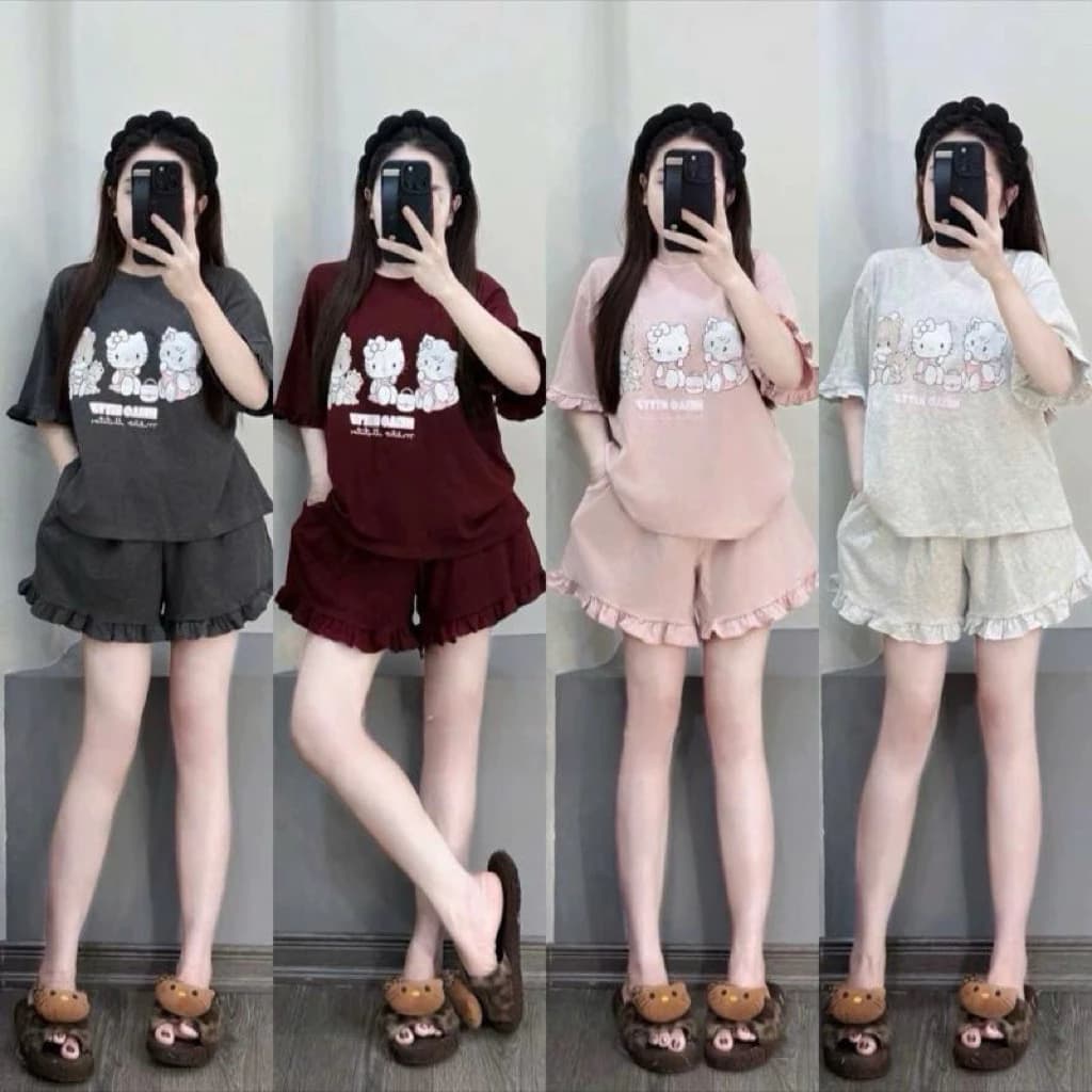 Set bộ đồ nữ phối viền bèo - Áo thun và quần short với thiết kế bèo xinh xắn