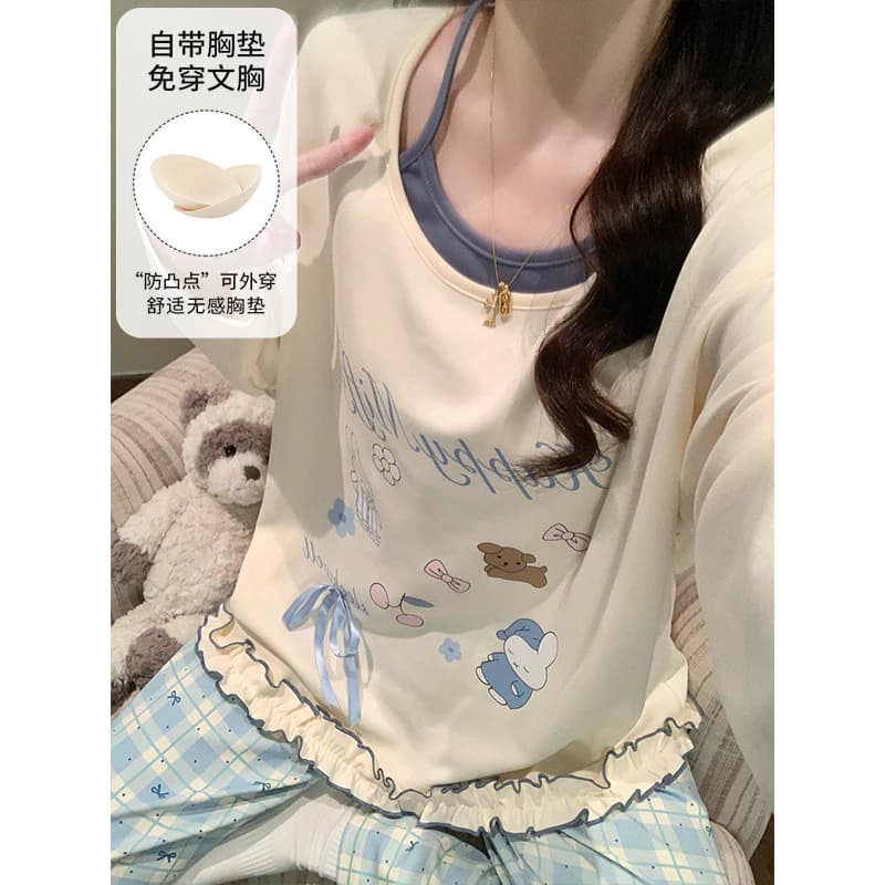 Bộ Đồ Ngủ Có Đệm Bộ Đồ Ngủ Nữ Bộ Thu Đông Tay Dài Đồ Ngủ Người Phụ Nữ Hoạt Hình Dễ Thương Mặc Ở Nhà