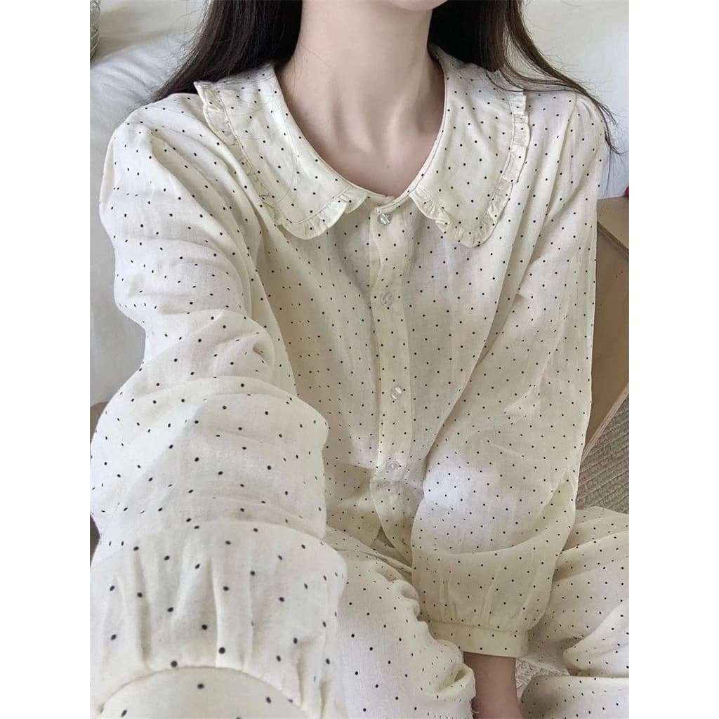 Order - Bộ Ngủ Pijama Cổ Sen Dài Tay Cho Nữ Họa Tiết Chấm Bi Đơn Giản Nhẹ Nhàng, Chất Đũi Cotton Thoải Mái Mặc Ở Nhà