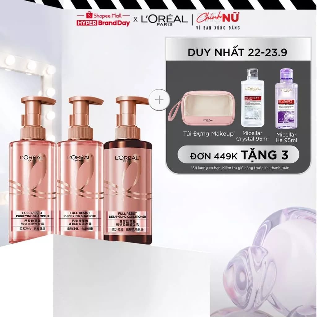 Bộ đôi dầu gội x2 và dầu xả ngăn ngừa gãy rụng tóc giúp tóc chắc khỏe L’oreal Paris Elseve Full Resist Hair 440mlx3