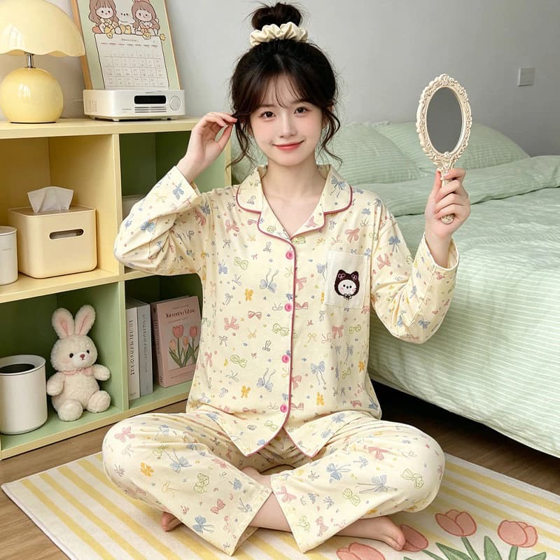 [40-72.5kg] Bộ đồ ngủ nơ đầy màu sắc hoạt hình bằng vải Cotton nguyên chất dành cho nữ Dễ thương thoải mái thoáng khí Quần dài tay Đồ mặc nhà Bộ đồ ngủ nữ