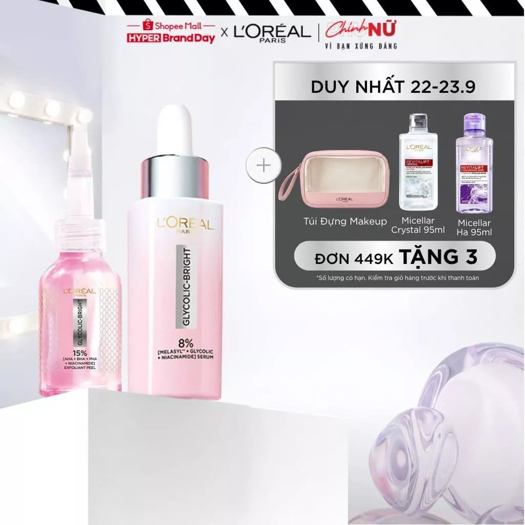 Bộ Dưỡng chất làm sạch Exfoliant Peel 25ml & Serum Glycolic Melasyl 8% L'Oreal Paris 30ml