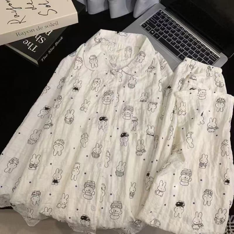 Mây Cotton Bộ Đồ Ngủ Nữ Xuân Thu Hoạt Hình Dễ Thương Thỏ Dài Tay Quần Homewear Phù Hợp Với