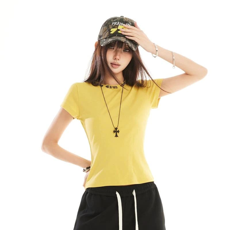 Áo thun ngắn tay thêu vai nữ Slim Fit Giảm béo ngắn