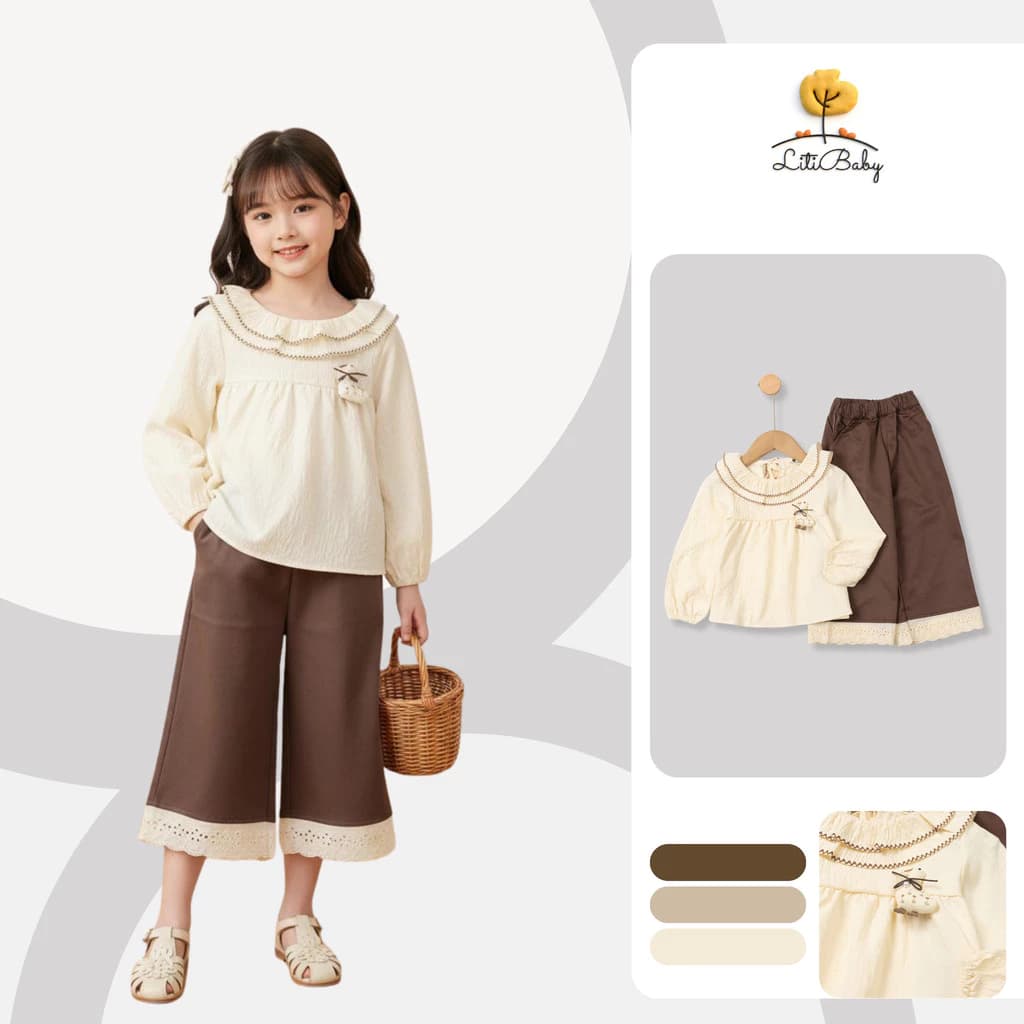 Set áo cổ bèo đính charm chú vịt dễ thương phối quần ống rộng mềm mại 2-7 tuổi NH77 LITIBABY