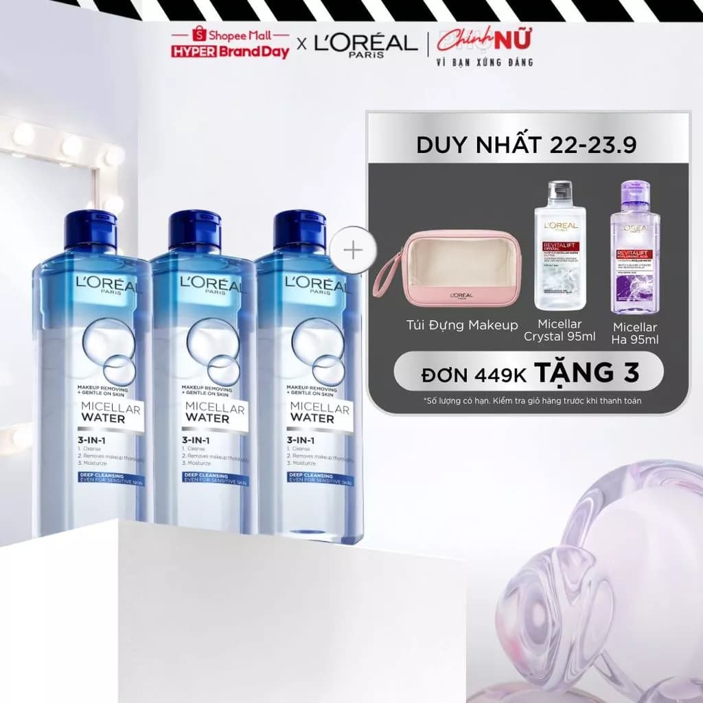 Bộ 3 nước tẩy trang đa năng 3-in-1 L'Oreal Paris Micellar sạch sâu 400ml x 3