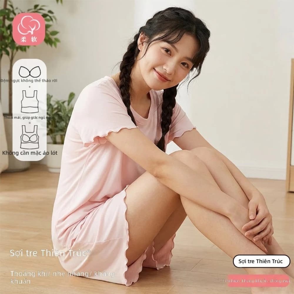 Bộ đồ ngủ nữ vải tre thoáng khí có đệm ngực tích hợp ngắn tay mềm mại ✨Luyoo24.vn✨