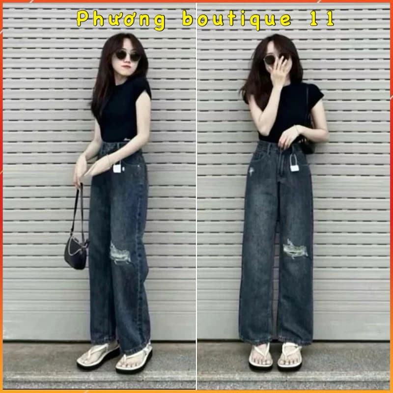 Quần jean nữ ống rộng thiết kế rách 1 gối màu xanh đậm WJeans021