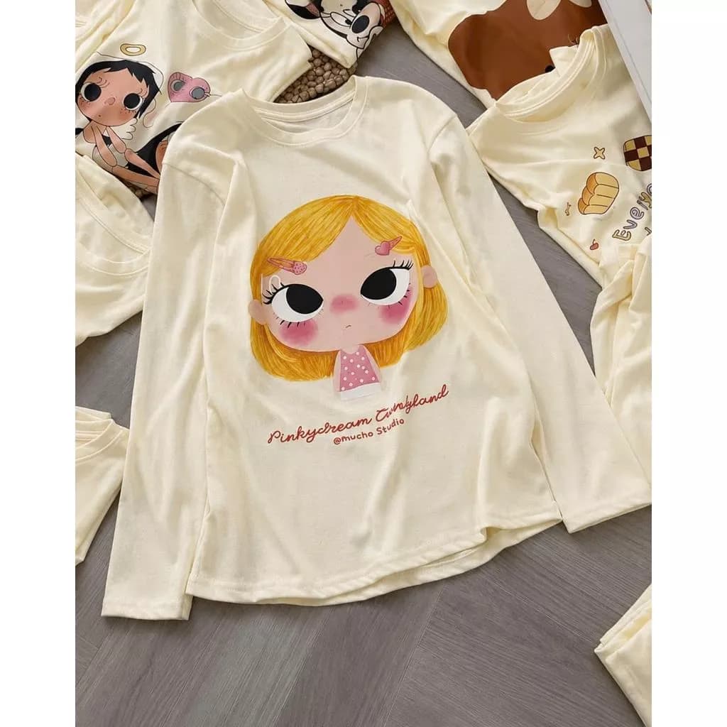 Áo thun dài tay chất cotton giấy form rộng in hình cô bé cute dễ thương nhiều màu