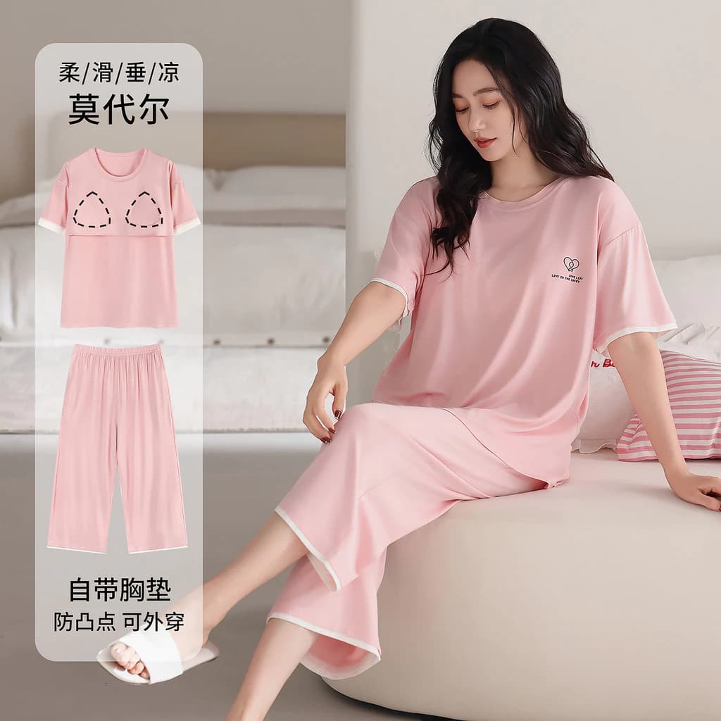 Bộ Đồ Ngủ Có Đệm Nữ 3 / 4 Chiều Dài Plus Kích Thước Bộ Đồ Ngủ Mùa Hè Tay Ngắn Đồ Ngủ Người Phụ Nữ Modal Mặc Ở Nhà Mặc Ban Đêm
