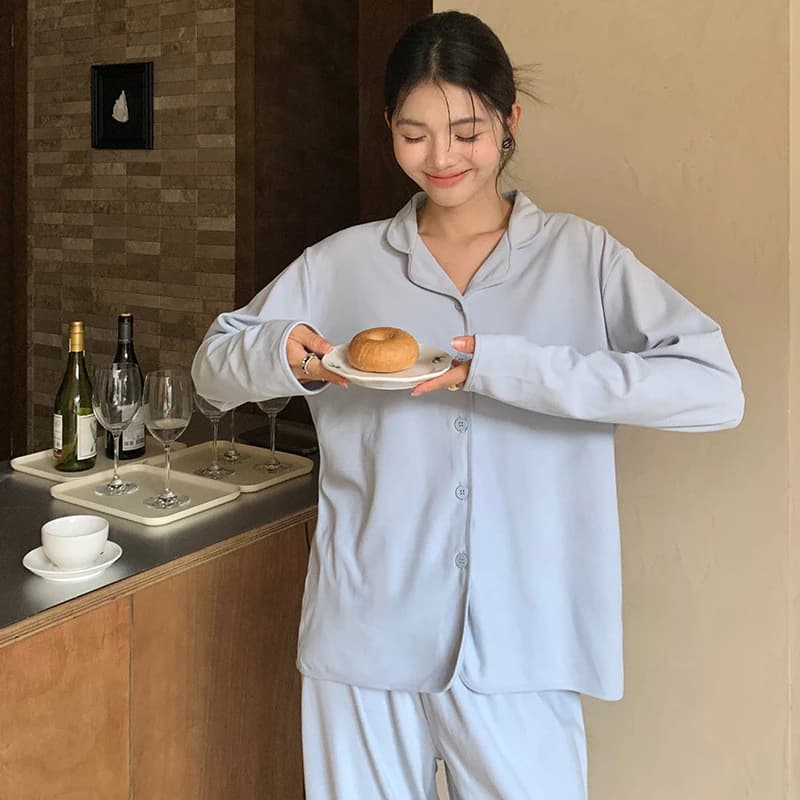 Bộ đồ ngủ giữ nhiệt phiên bản Hàn Quốc màu trơn dài-