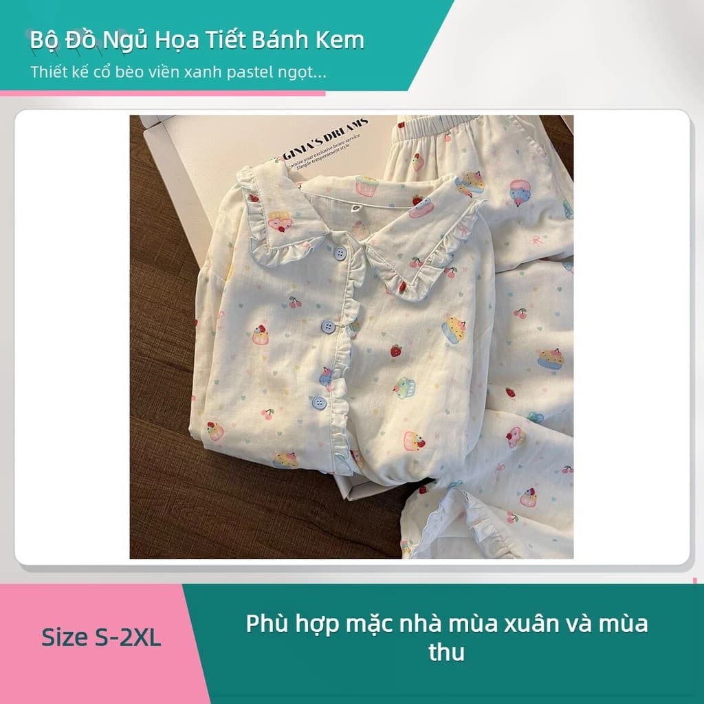 Bộ Đồ Ngủ Nữ Dài Tay Cổ Bèo Họa Tiết Bánh Kem Dễ Thương Mặc Nhà ✨deerlu05.vn✨
