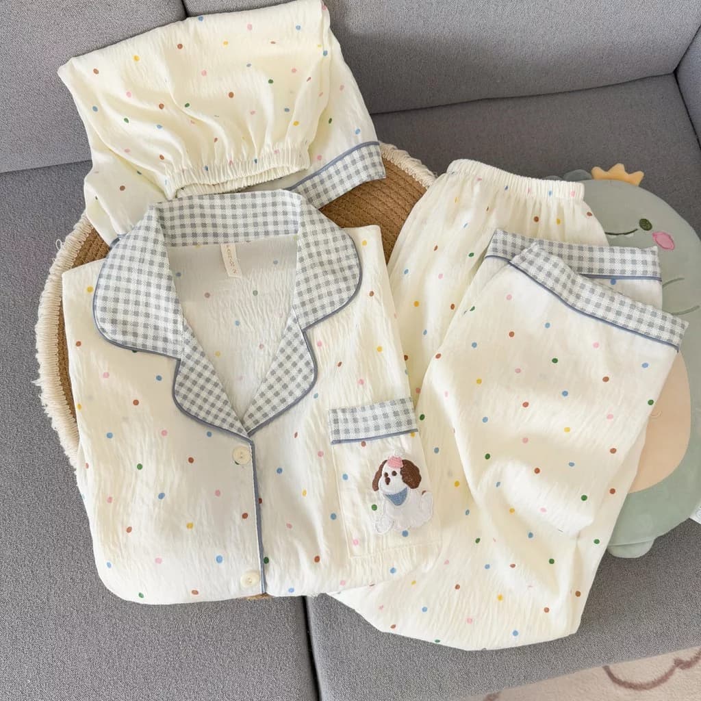 Bộ đồ ngủ nữ 3 món Pijama cotton Mềm mại thoải mái thoáng khí Thêu hoạ tiết dễ thương đồ mặc nhà 383